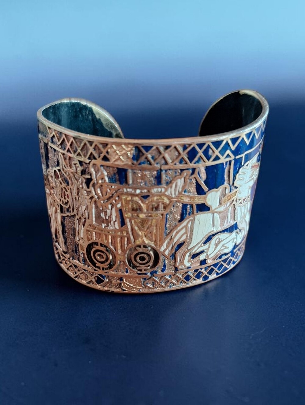 Vintage Enamel Blue Wide Cuff Bracelet Egyptian Print Bracelet